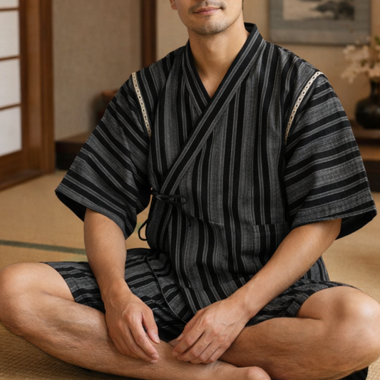 Jinbei Homme Japonais Rayé en Ensemble Kimono Et Short