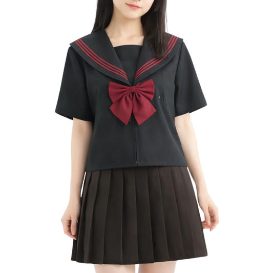 Uniforme Japonais Noir Avec Col Marin Et Nœud Rouge