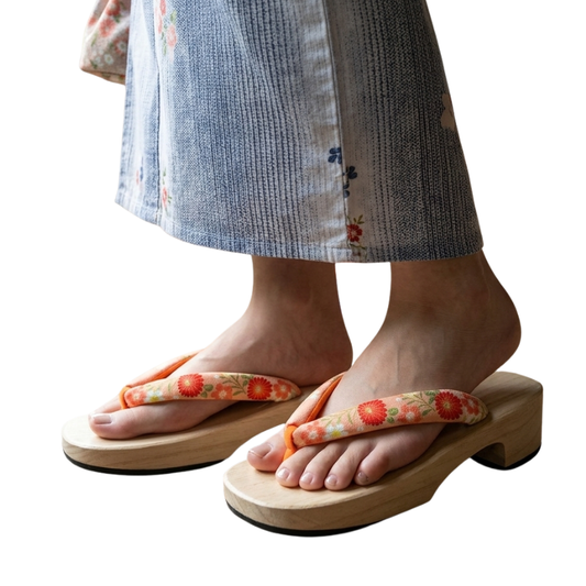 Sandales Geta En Bois Avec Lanière Fleurie Orange