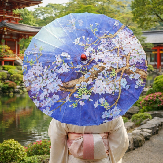 Parapluie Japonais Bleu Motif Fleurs De Cerisier