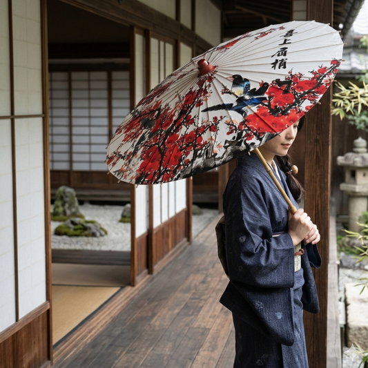 Parapluie Japonais Motif Sakura Rouge Et Oiseaux
