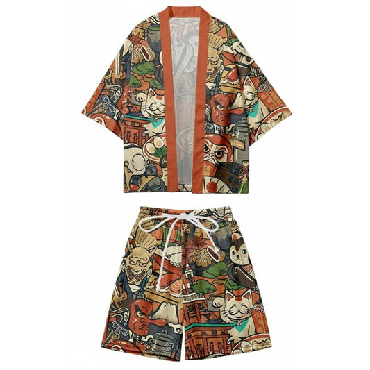 Ensemble Kimono Japonais Avec Illustrations Multicolores, ensemble kimono multicolore
