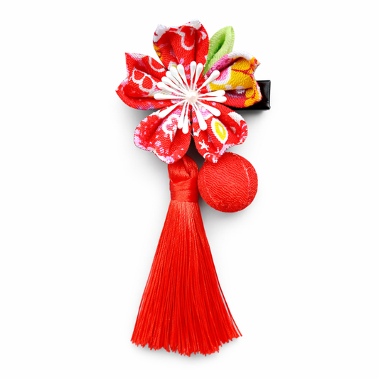 Kanzashi Fleur Avec Pompon, Kanzashi Fleur Rouge