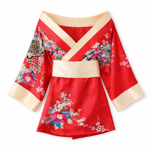Kimono De Nuit Rouge Avec Motifs Floraux Japonais, kimono de nuit rouge