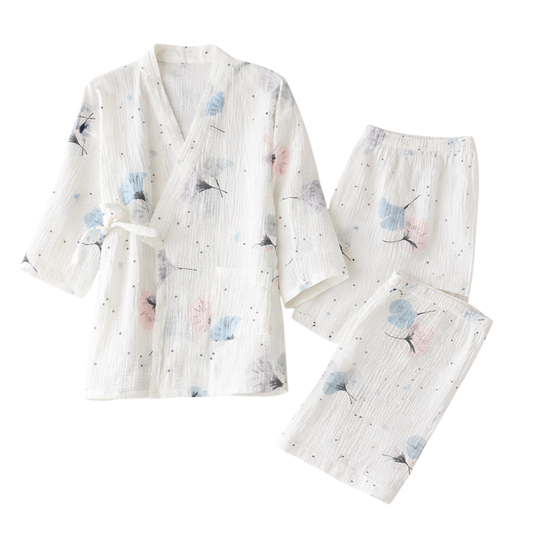Kimono En Ensemble Pyjama Avec Motifs Pissenlit Délicats, Kimono En Ensemble Pyjama Blanc
