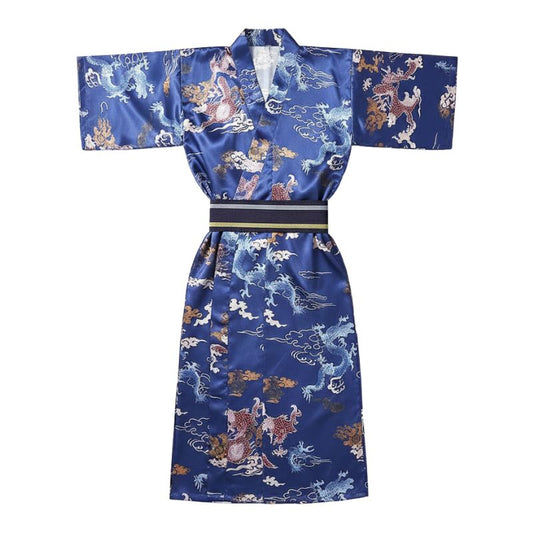 Kimono Japonais Bleu Satiné Avec Motifs Dragons, Kimono Japonais Bleu