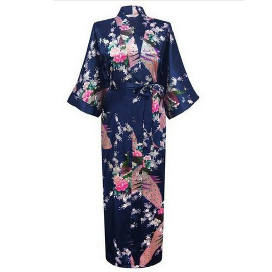 Kimono Long En Satin Avec Motifs Floraux Élégants, Kimono Long En Satin Bleu