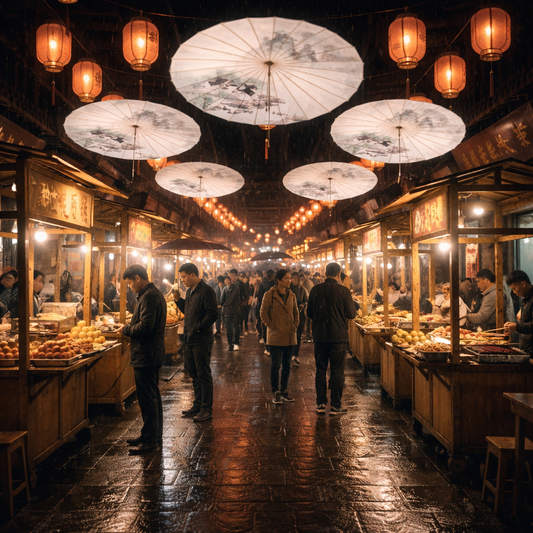 Parapluie Japonais En Papier Blanc Avec Paysage Montagneux