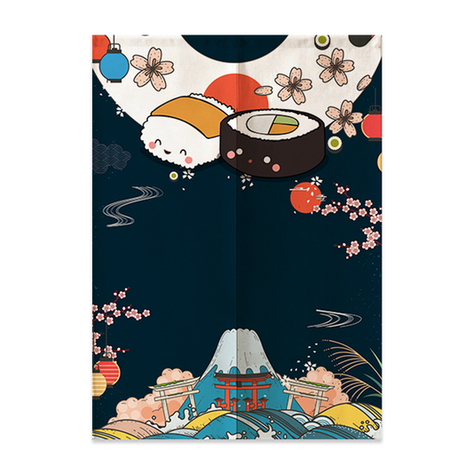 Noren Japonais Avec Motif Sushi Kawaii Et Mont Fuji Traditionnel, Noren Japonais Bleu