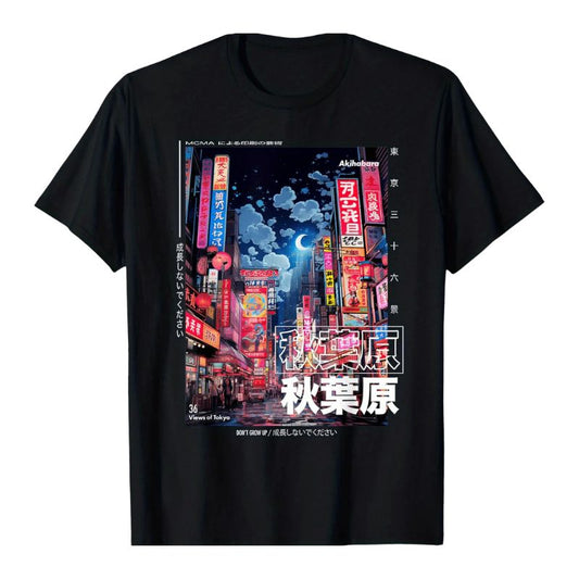 T-Shirt Japonais Avec Illustration Akihabara Tokyo De Nuit, T-Shirt Japonais Noir