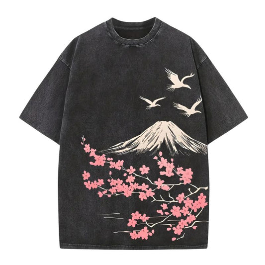 T-Shirt Japonais Avec Mont Fuji Et Fleurs Sakura, T-Shirt Japonais Noir
