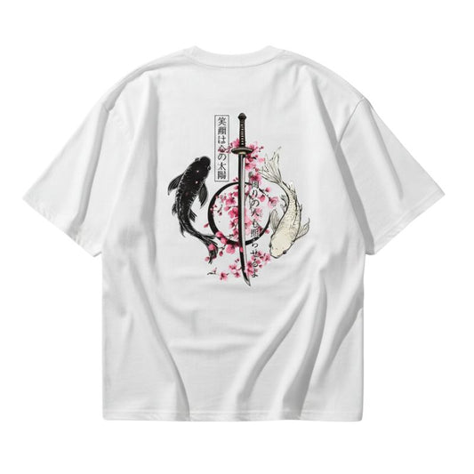 T-Shirt Japonais Avec Poissons Koi Et Fleurs Sakura Élégantes, T-Shirt Japonais Blanc