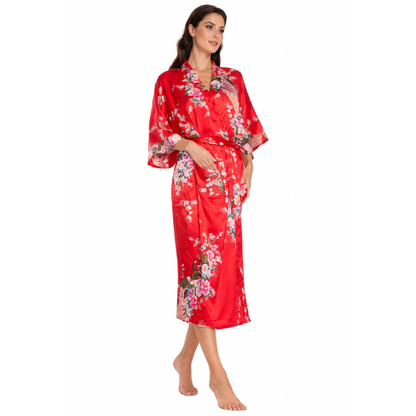 Kimono Long En Satin Avec Motifs Floraux Élégants