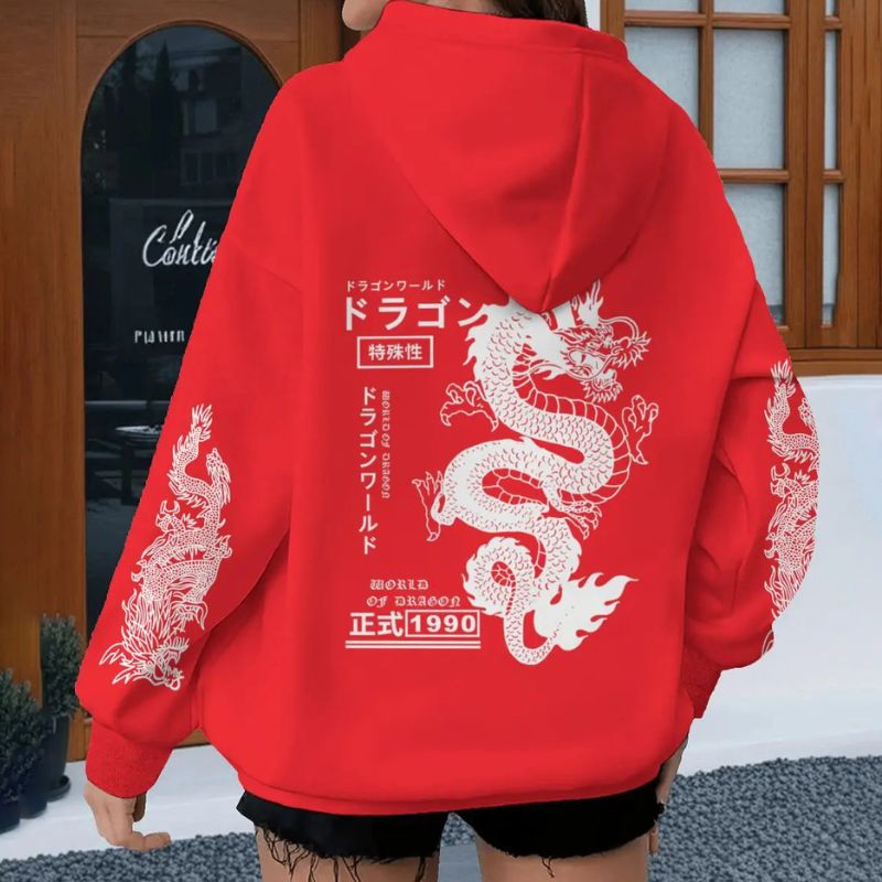 Sweat Japonais Gris à Motif Dragon Impérial