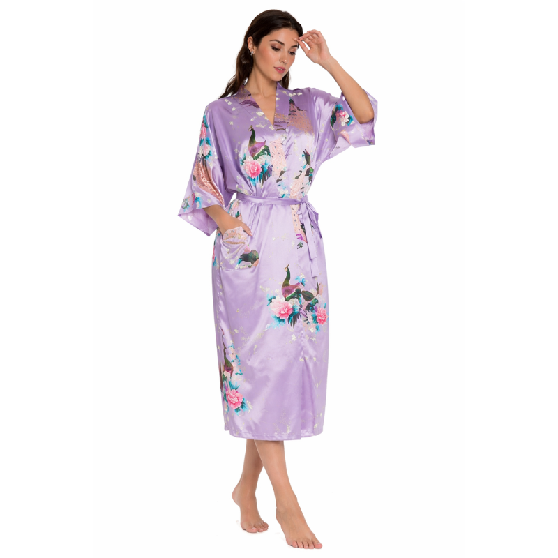 Kimono Long En Satin Avec Motifs Floraux Élégants