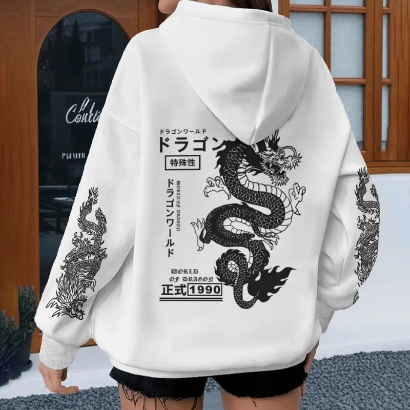 Sweat Japonais Gris à Motif Dragon Impérial