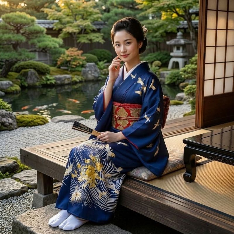 Kimono Traditionnel Bleu Nuit Avec Motifs Grues Et Vagues Élégantes