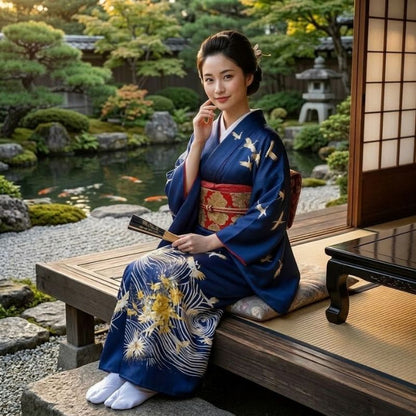 Kimono Traditionnel Bleu Nuit Avec Motifs Grues Et Vagues Élégantes