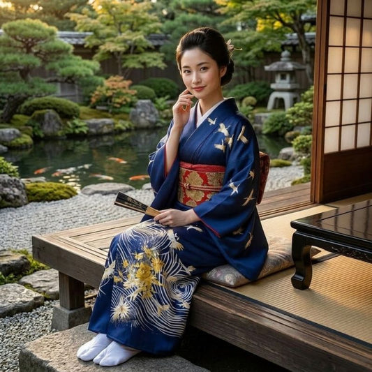 Kimono Traditionnel Bleu Nuit Avec Motifs Grues Et Vagues Élégantes