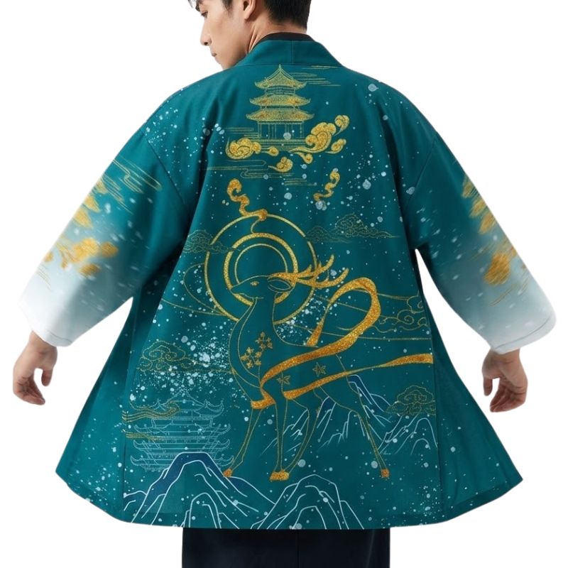 Haori Homme Japonais Motif Dragon Céleste et Paysage