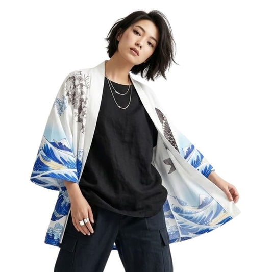 Veste Kimono En Motif Vague Japonaise