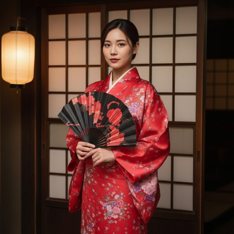 Kimono Traditionnel Rouge Avec Motifs Floraux Japonais