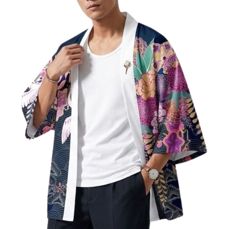 Haori Homme Japonais Motifs Floraux et Grues Symboliques