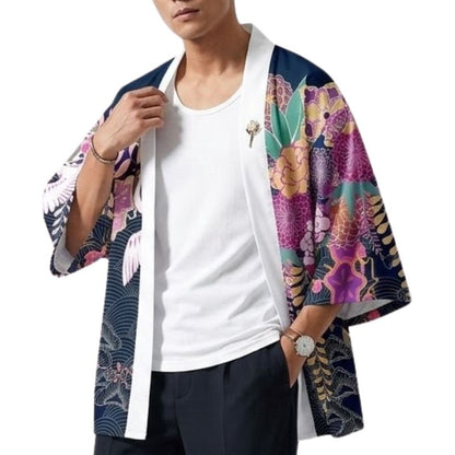 Haori Homme Japonais Motifs Floraux et Grues Symboliques