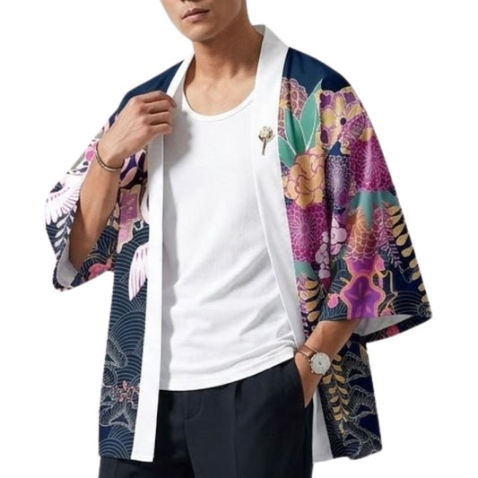 Haori Homme Japonais Motifs Floraux et Grues Symboliques