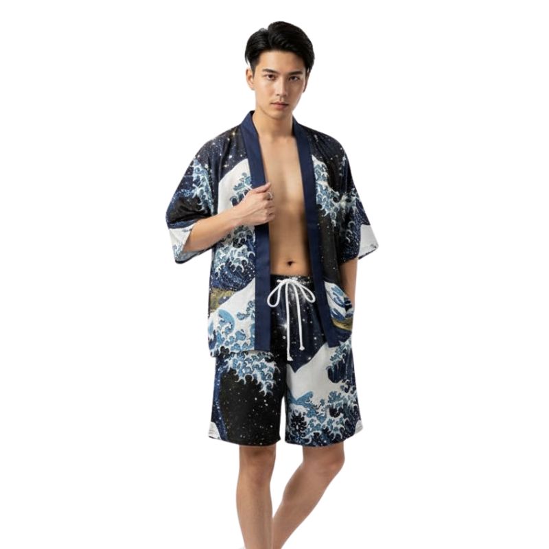 Ensemble Kimono Japonais Avec Motif Vagues Nocturnes