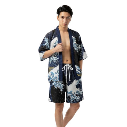 Ensemble Kimono Japonais Avec Motif Vagues Nocturnes