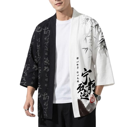 Haori Homme Style Japonais Bicolore Inspiration Bambou et Encre