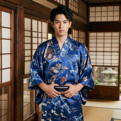Kimono Japonais Bleu Satiné Avec Motifs Dragons