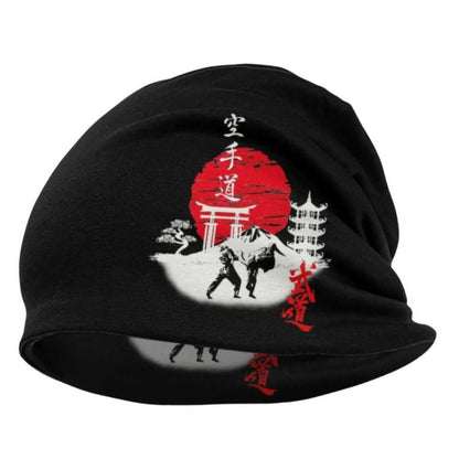 Bonnet Japonais Noir Avec Motif Samouraï Et Soleil Rouge
