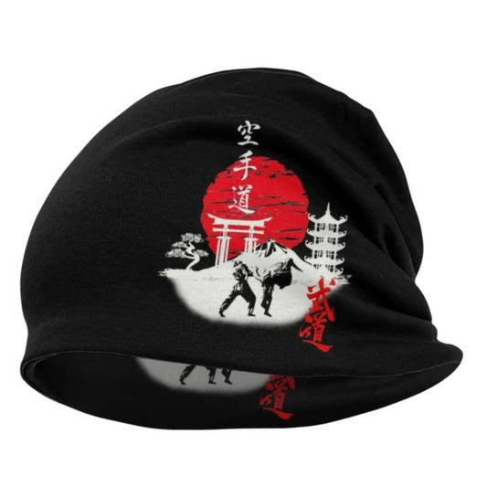 Bonnet Japonais Noir Avec Motif Samouraï Et Soleil Rouge