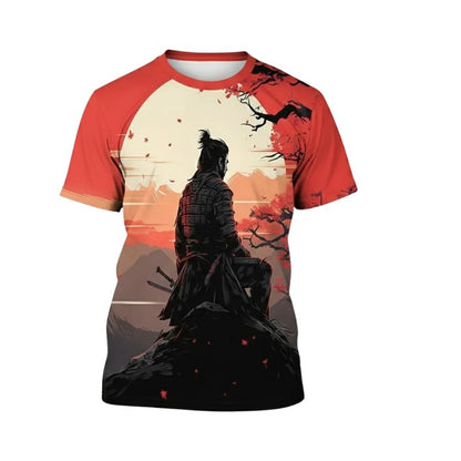 T-Shirt Japonais Avec Samouraï Face Au Soleil Couchant