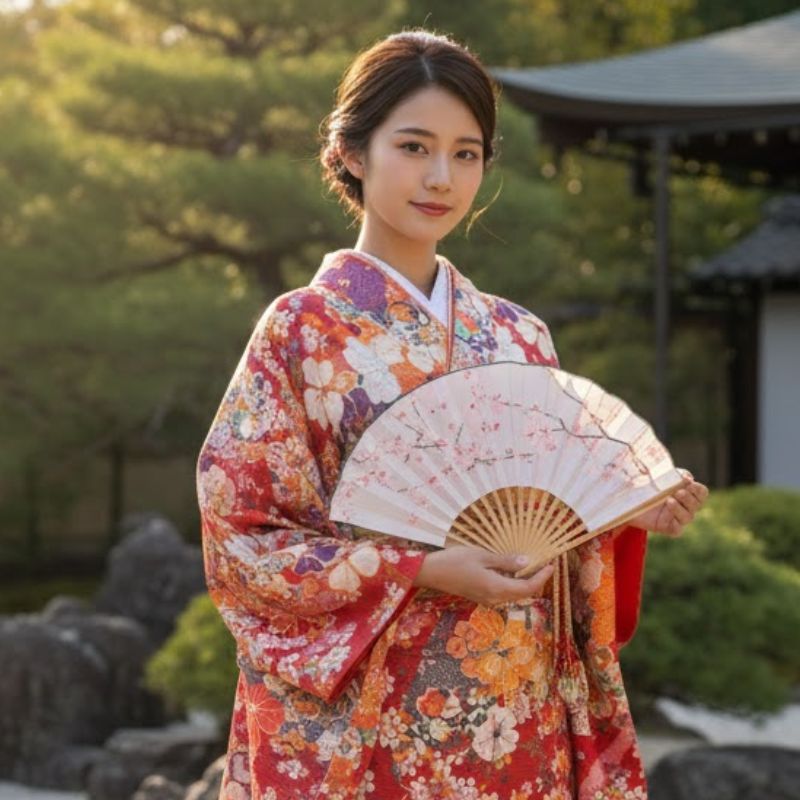 Kimono Traditionnel Avec Imprimé Sakura Et Manches Amples