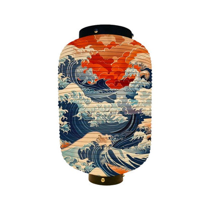 Lanterne Japonaise Motif Grande Vague Et Ciel Rouge