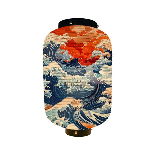 Lanterne Japonaise Motif Grande Vague Et Ciel Rouge