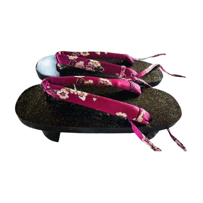 Sandales Geta En Bois Noir Pailleté Avec Lanière Fleurie
