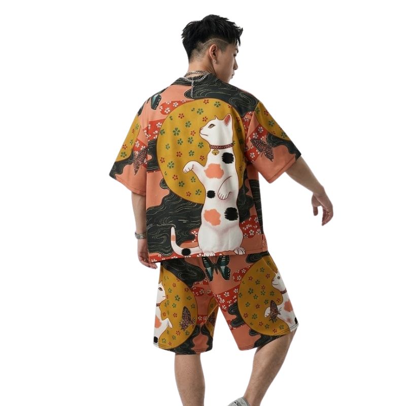 Ensemble Kimono Japonais Avec Motif Chat Maneki Neko Porte Bonheur