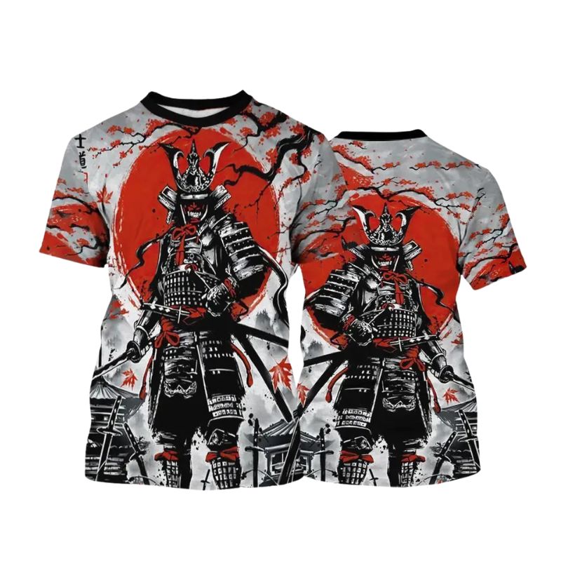 T-Shirt Japonais Avec Samouraï En Armure Et Soleil Rouge