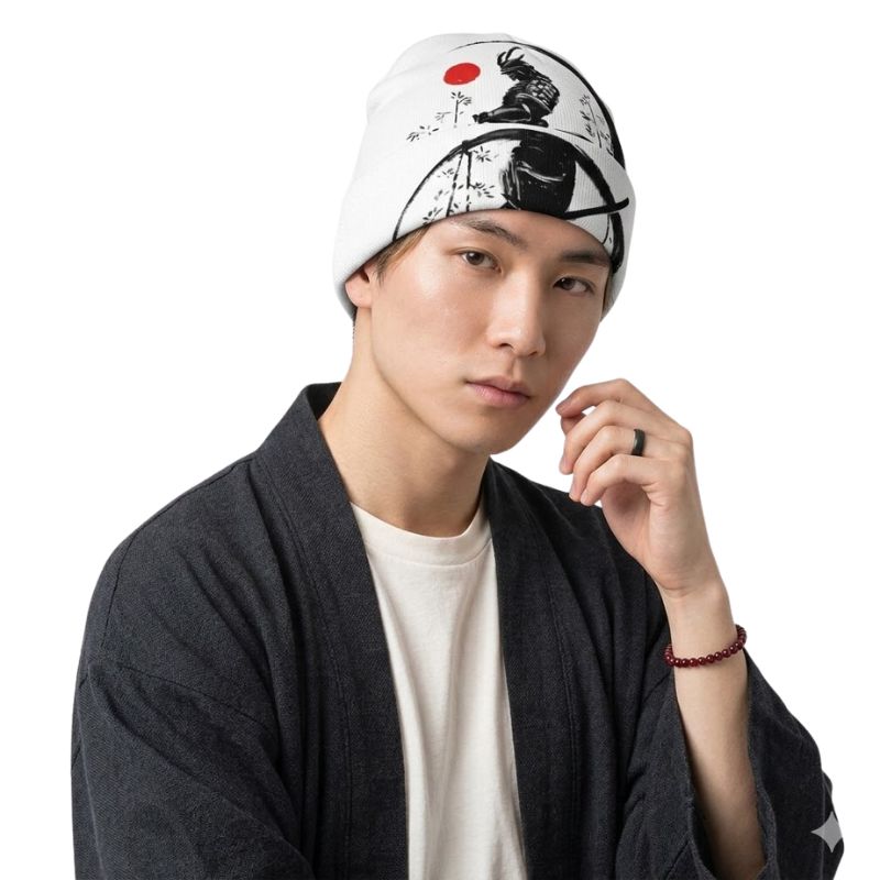 Bonnet Japonais Blanc Avec Illustration Samouraï