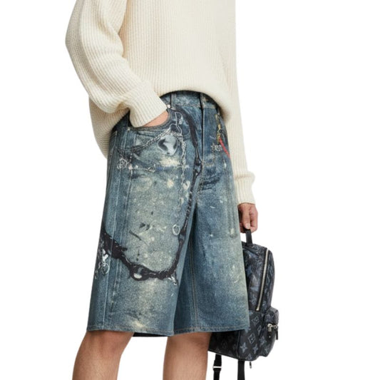 Short Japonais En Denim Avec Imprimé Chaînes Style Urbain