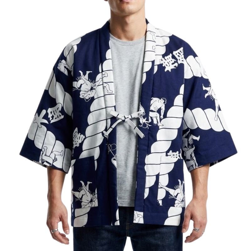 Hanten Homme Japonais Bleu à Motifs Traditionnels