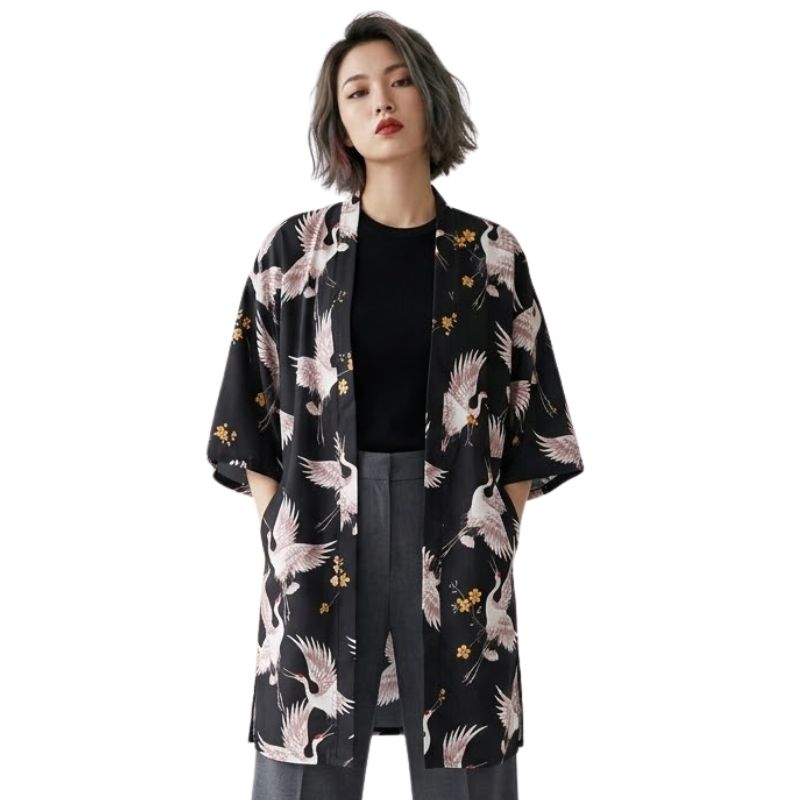 Veste Kimono Noir En Motif Grues Japonaises