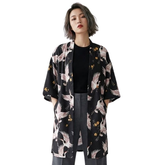 Veste Kimono Noir En Motif Grues Japonaises