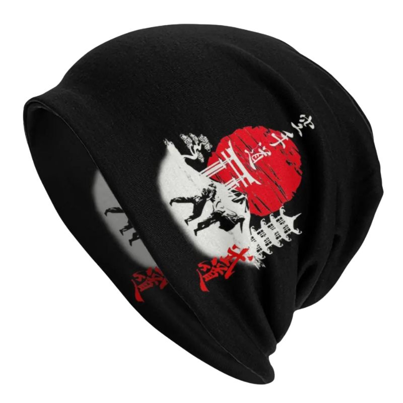 Bonnet Japonais Noir Avec Motif Samouraï Et Soleil Rouge