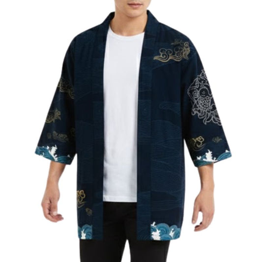 Haori Homme Style Japonais Noir Imprimé Grues Volantes