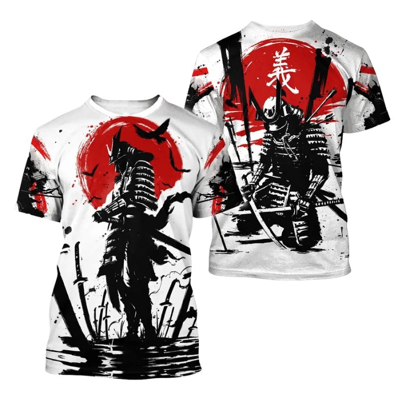 T-Shirt Japonais En Blanc Avec Design Samouraï Moderne